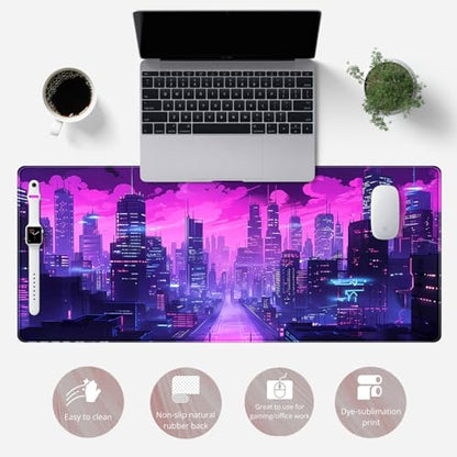 Desk Pad Cyberpunk Purple Desk Mat City Skyline Gaming Extended Mouse Pad Big Office Keyboard Pc Laptop for Women Large Mousepad with Stitched Eges Non-Slip Base Mouse Keyboard Mat 31.5x11.8 in - color: C-purple Clouds