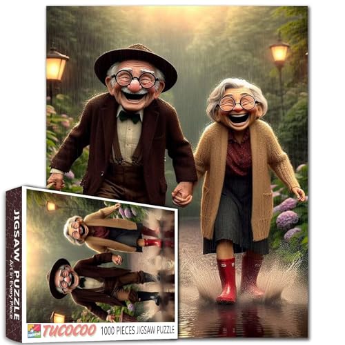 Old Couple in The Rain Jigsaw Puzzles Comical Old Folks 1000 Pieces for Adults Grandpa and Grandma Playing in The Water Puzzles for Family or Friends - color: Old Woman-a29