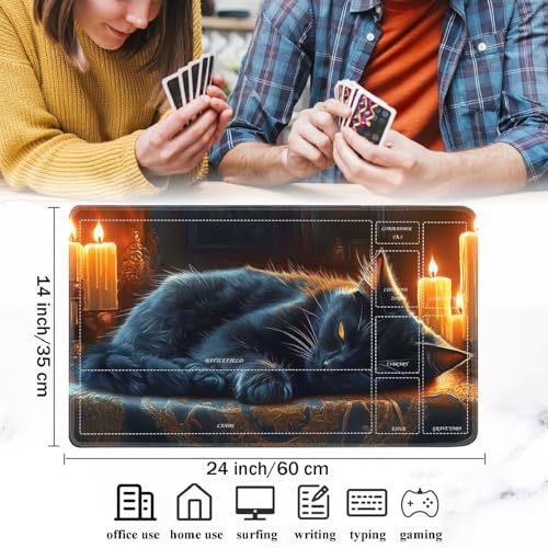 for MTG/TCG Playmat with Zones, 24 x 14 inches Trading Card Playmat with A Storage Bag and 6 Dice, Non-Lip Rubber Bottom Game Desk Mat, Sleeping Cat in The Candlelight Room - color: Yux-playmats-2-3A-249