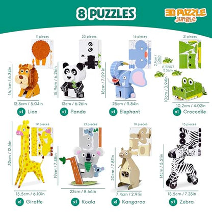 BONNYCO 3D Puzzles for Kids Toys Jungle Animals Pack 8. 3D Puzzle Jigsaw 6-8 9-13, Educational Girl and Boy Toys. Gifts for Kids Activity, Birthday Gifts for Boys. Rompecabezas 3-D Foam, Christmas
