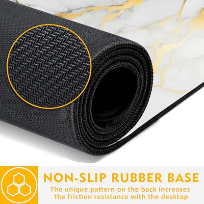Desk Mat,Gold Line Marble Gaming Mouse Pad,31.5""X15.7"" Large Desk Pad with Stitched Edge Non-Slip Base Keyboard Big Mouse Pad for Office Home Work Gaming-White, WDQ-D02 - color: Marble Granite with Gold Texture