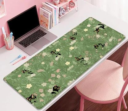 Cute Cats Desk Pad Mouse Pad,Sage Green Plants Flowers Floral Mouse Mat Large,Stitched Edges Non-Slip Waterproof Rubber Base Mous Mat for Office Home Work Gaming(27.5X11.8 in) - color: Cute Cats Green Plants