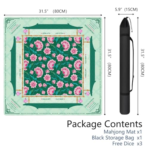 Mahjong Mat for Table with Carrying Bag & 3 Dice, Green Pink Floral 31.5"x31.5" Square Rubber Mahjong Table Cover, Non-Slip & Noise Reduction Gaming Mat for Mah Jongg, Poker, Dominoes & Tile Games - color: Green Pink