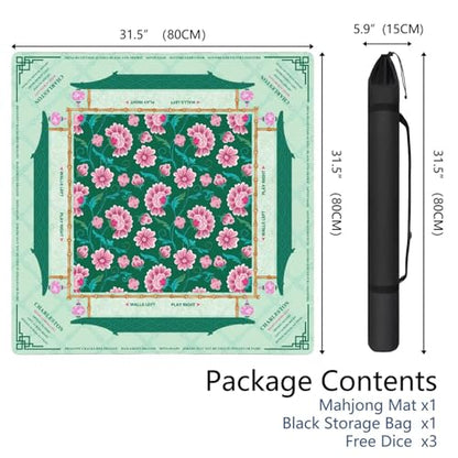 Mahjong Mat for Table with Carrying Bag & 3 Dice, Green Pink Floral 31.5"x31.5" Square Rubber Mahjong Table Cover, Non-Slip & Noise Reduction Gaming Mat for Mah Jongg, Poker, Dominoes & Tile Games - color: Green Pink