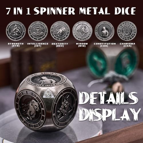 7-in-1 메탈 DND 주사위 스피너 큐브, 테이블 탑 RPG용 3D 릴리프, 던전 마스터 및 플레이어를 위한 선물 상자 (실버) - color: 실버.