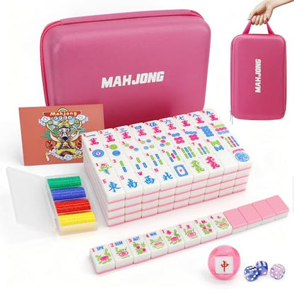 Jolitac American Mahjong Game Set, 166 Premium Tiles, Mahjong Tile Set with Sturdy Carrying Bag, Include Chips & Dice – Portable Travel Complete Mahjong Set for Adults & Beginners - color: Pink