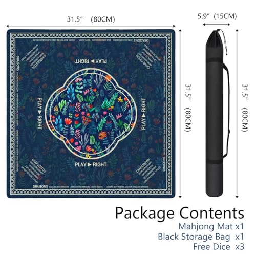 Flowers Mahjong Mat with Rules, 31.5*31.5in Anti Slip American Mahjong Mat for Table, Noise Reduction, Neoprene Mah jongg Mats with Carrying Bag & 3 Dices, Mahjong Supplies Gift, Board Tile Games Mats - color: Floral01