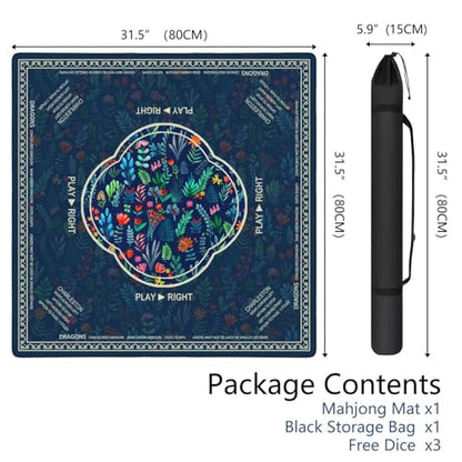 Flowers Mahjong Mat with Rules, 31.5*31.5in Anti Slip American Mahjong Mat for Table, Noise Reduction, Neoprene Mah jongg Mats with Carrying Bag & 3 Dices, Mahjong Supplies Gift, Board Tile Games Mats - color: Floral01