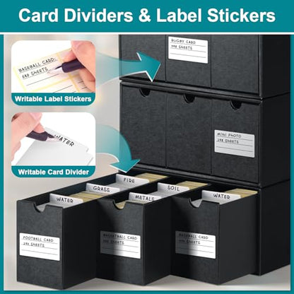 Trading Card Storage Box with Slide-Out Drawers, 12-Pack Cardboard Organizer with 60 Dividers, 200 Soft Sleeves & Labels for Collectible Card Games, MTG, TCG & Sports Cards