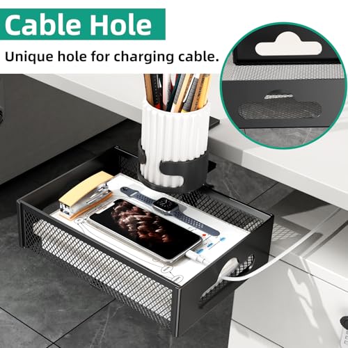 CABTE Desk Cup Holder with Drawer Organizer | Anti-Spill Clip-On Table Cup Hook with 360° Rotation Hidden Storage Box for Office Home Gaming Table (Black) - color: Black