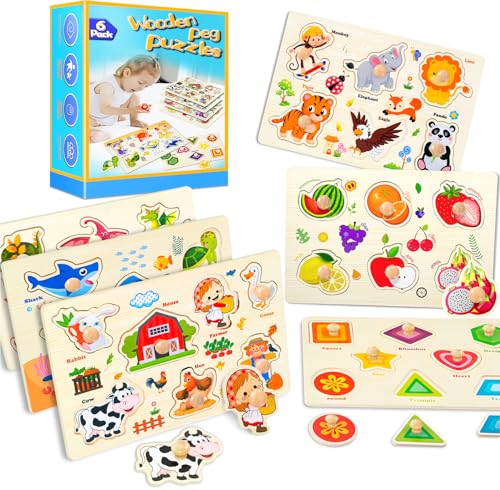 Wooden Peg Puzzles for Toddlers,Montessori Toddler Jigsaw for Child,Fine Motor Skill Learning Puzzle Toys for Baby Boys Girls Gifts-6 Pcs Shape,Farm,Sea Animal,Dinosaurs,Fruits,Animal - color: 6 Peg Puzzles