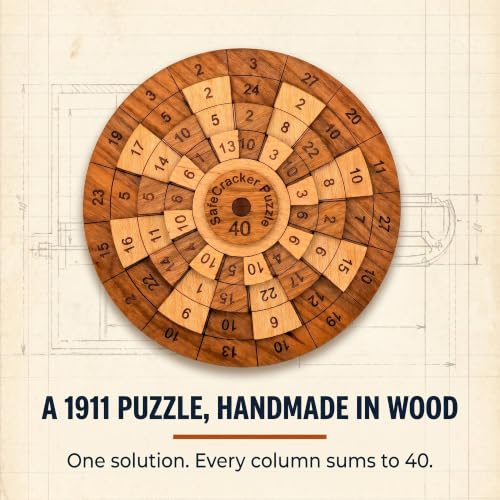 Creative Crafthouse Safecracker 40 Brain Teaser Puzzle for Adults, USA Made | Four rotating wooden rings, Align all 16 columns to one shared sum. A palm size number challenge for the desk or office - style: Safecracker 40