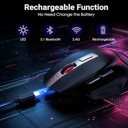 GAMCATZ Bluetooth Wireless Gaming Mouse,12500 DPI RGB Ergonomic Mouse with Tri-Mode (2.4G/USB-C/Wired), Rechargeable Gamer Mice for Computer, Mac, iPad, Laptop & PC (Black) - color: Black