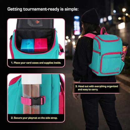 BCW Spectrum TCG Backpack | Holds 7–9 Prism Deck Cases | Configurable Storage for Cards & Gear | Playmat Strap & Side Pocket | Durable & Travel-Friendly Design | Cyber Pink/Teal - color: Cyber Pink/Teal