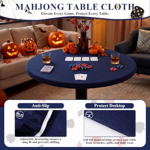 Newwiee Blue 36 Inch Felt Card Game Tablecover Round 36in to 48in Tablecloth Poker Table Cover Round Elastic Table Mat for Playing Cards Mahjong - color: Blue