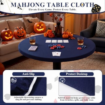 Newwiee Blue 36 Inch Felt Card Game Tablecover Round 36in to 48in Tablecloth Poker Table Cover Round Elastic Table Mat for Playing Cards Mahjong - color: Blue