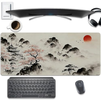 Japanese Ink Painting Mouse Pad Desk Pad, 27.5x11.8 in Japanese Style Mouse Pad Extended Keyboard Mousepad with Stitched Edges, Waterproof Non-Slip Rubber Base for Office Computer Laptop Home - color: Japanese ink painting