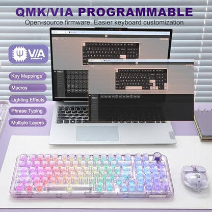 YUNZII X98 Wireless Mechanical Keyboard with Knob (Purple, Crystal Switch) | BT5.0/USB-C/2.4GHz,1800 Layout with Number Pad,Pre-lubed Switches Gasket Mount ,Clear Keyboard with RGB for Wins/Mac/Gaming - color: Purple, size: Crystal Switch