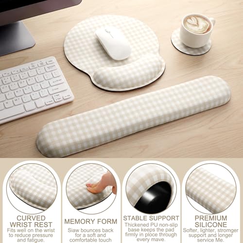 Tellegloww Wrist Rest Support for Mouse Pad&Keyboard Set, Khaki Gingham Checkered Circle Curved Ergonomic Mousepad&Coaster Non-Slip Base Design for Office Home Laptop Desktop Computer Keyboard - color: Khaki