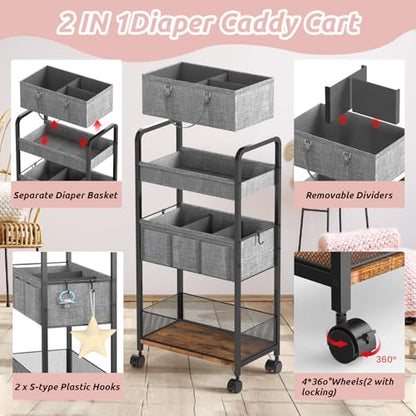 LIDTOP 2In1 Baby Diaper Caddy & 3-Tier Rolling Diaper Cart, Diaper Caddy Organizer Cart with Dividers, Mobile Metal Utility Cart for Nursery Essentials, Detachable Bedside Cart, Large Capacity - color: Black