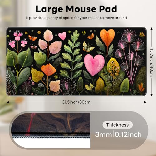 Large Gaming Mouse Pad, XL Desk Protector, Non-Slip Base | 31.5x15.7 in Extended Desk Mat with Stitched Edges for Keyboard, Work, Game, Office, Home PC and Laptop - color: Heart Flowers