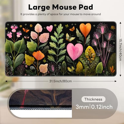 Large Gaming Mouse Pad, XL Desk Protector, Non-Slip Base | 31.5x15.7 in Extended Desk Mat with Stitched Edges for Keyboard, Work, Game, Office, Home PC and Laptop - color: Heart Flowers