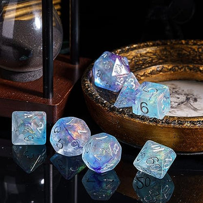 UDIXI D&D Polyhedral Dice Set Glitter and Cyan Swirls for Role Playing Game | Purple Cyan Colors, Dreamy Effect, Velvet Dice Bag Packaging, for Dungeons and Dragons Role Playing Games and Tabletop Games - color: Purple With Cyan