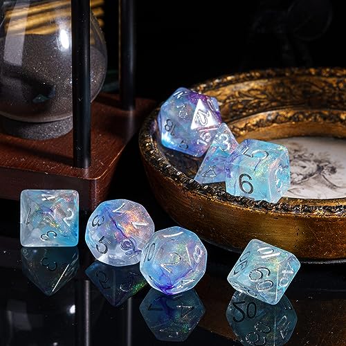 UDIXI D&D Polyhedral Dice Set Glitter and Cyan Swirls for Role Playing Game | Purple Cyan Colors, Dreamy Effect, Velvet Dice Bag Packaging, for Dungeons and Dragons Role Playing Games and Tabletop Games - color: Purple With Cyan
