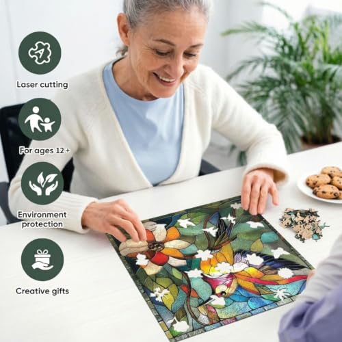 Qiuenisray Wooden Puzzle 200 Piece, Stained Glass Hummingbird Jigsaw Puzzle | Wood Puzzle for Adults Mom Grandmother, FSC Certified Unique Animal Shape Wood Puzzles, Bird Jigsaw Puzzles 11.2x11.2 in - color: Flower Bird, size: 200pcs