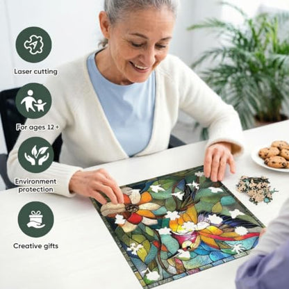 Qiuenisray Wooden Puzzle 200 Piece, Stained Glass Hummingbird Jigsaw Puzzle | Wood Puzzle for Adults Mom Grandmother, FSC Certified Unique Animal Shape Wood Puzzles, Bird Jigsaw Puzzles 11.2x11.2 in - color: Flower Bird, size: 200pcs