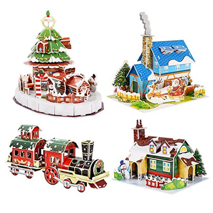 Whaline Christmas Puzzle Toy Set 3D Cute Jigsaw Paper Model Winter Simple Puzzle Paper and EPS Foam Board Toys for Kids Gift Santa Xmas Tree Cottage Train Creative DIY Model Building kit for Toddler