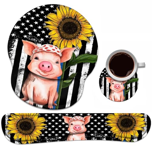 Keyboard Wrist Rest + Mouse Pad Wrist Support Set with Coasters, Non-Slip PU Base Ergonomic Mousepad for Home Office Working Studying Easy Typing & Pain Relief, American Flag Sunflower and Cute Pig - color: American Flag Sunflower and Cute Pig