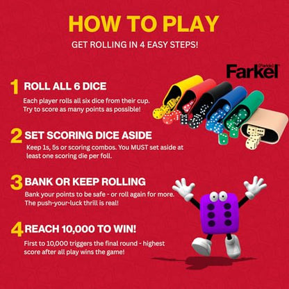 Farkel Party Classic Dice Game | Official Licensed Farkle Set | 36 Dice, 6 Cups, Score Sheets & Storage Tin | Travel Dice Game for Family Game Night | 2+ Players, Ages 8+