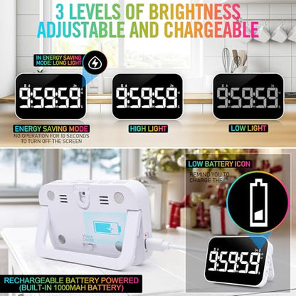 Kitchen Timer for Cooking, Rechargeable Digital Magnetic Timer with Large LED Display, Loud Alarm, Sound Countdown, 4 Volume Levels and 3 Brightness for Classroom, Study (White) - color: White
