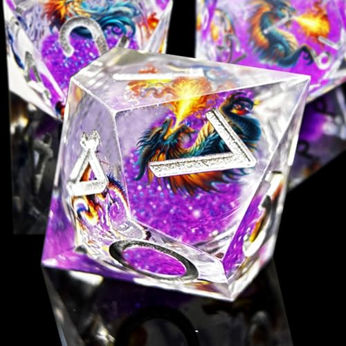 DND Dragon Resin Dice Set 7 Pcs Polyhedral Dice/Transparent Resin Dice with Embedded Dragon Phoenix Art, Premium Tabletop Game Dice for TTRPG, Pathfinder, MTG (Purple & Silver) - color: 6 Purple & Silver