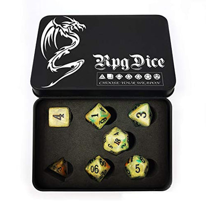 Bescon Magical Stone Dice Set Series, 7pcs Polyhedral RPG Dice Set Gold Ore, Black Tinbox Packing - color: Gold Ore in Tinbox
