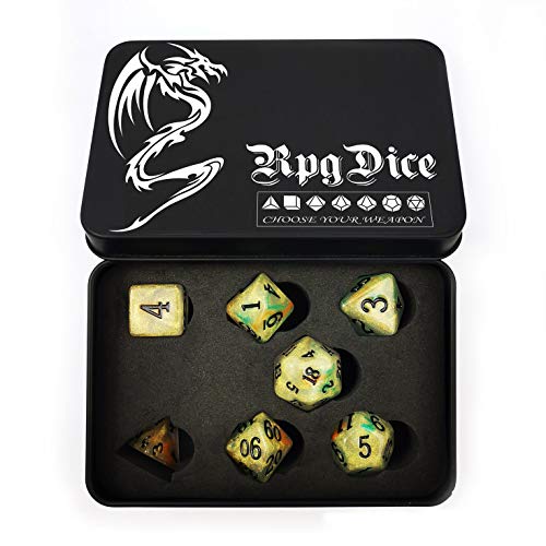 Bescon Magical Stone Dice Set Series, 7pcs Polyhedral RPG Dice Set Gold Ore, Black Tinbox Packing - color: Gold Ore in Tinbox
