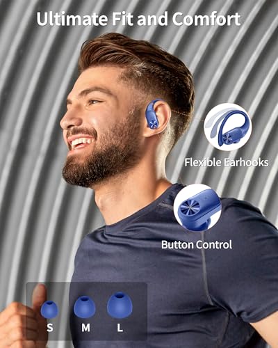 PocBuds Bluetooth Headphones Wireless Earbuds 80hrs Playtime Wireless Charging Case Digital Display Sports Ear Buds with Earhook Deep Bass IPX7 Waterproof Over-Ear Earphones for TV Phone Laptop Navy - color: Navy, style: Standard