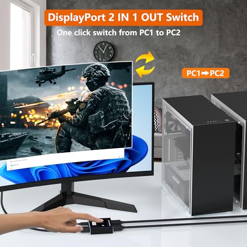 DisplayPort Switch 2 in 1 Out, 8K@60Hz DP 1.4 Switcher Selector Box, Unidirectional Display Port Switcher for Dual PCs & Gaming Consoles, 4K@144Hz DP Switch with DSC Support (DP Cables Not Included) - size: Displayport Switch