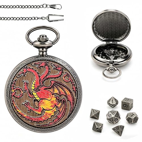 DragonSword D&D Dice Set with Pocket Watch Case, 7PCS Metal Dice Set for DND, Mini Dice with Gifts Case, Role Playing Board Games Accessories Gifts (3-Headed Dragon) - color: 3-headed Dragon