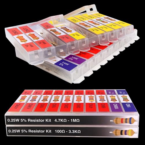 EEEEE 100 Ohm - 1M Ohm with 5% Carbon Resistor Assortment Kit and Electrical Industrial Assorted Set K Ohm Pack for Led Lights (5% 1/4 Watt 1000pcs 100Ω-1MΩ) - size: 5% 1/4W 20 Values