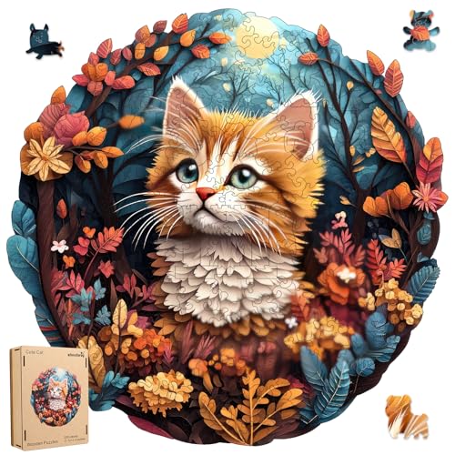 Qiuenisray Wooden Puzzle, Cute Cat Puzzle 500 Pieces Unique Shape Advanced Wooden Jigsaw Puzzle, Challenge Jigsaw Puzzle for Family Game 16.9x16.8 in - color: Cute Cat, size: 500pcs