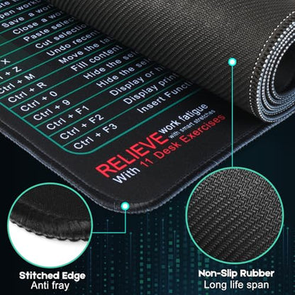 Excel Cheat Sheet Mouse Pad Set | 3-Piece XXL Ergonomic Desk Mat with Wrist Rest for Office & Gaming(Black) - color: Black(XXL 3-Pack), size: 35.5L x 15.8W inches