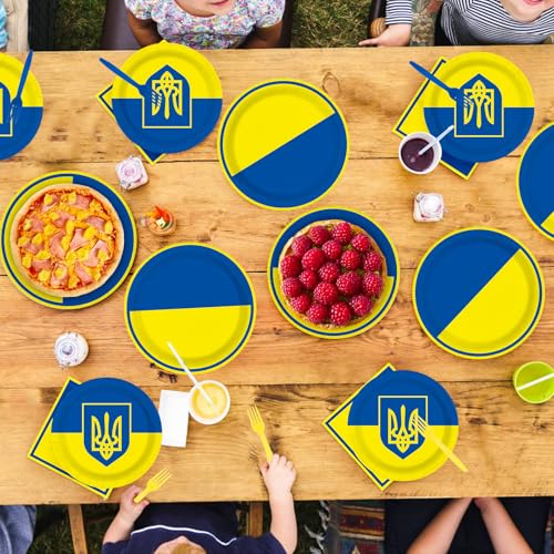96 Pcs Ukraine Flag Themed Ukrainian Party Decorations Serves 24 | Ukrainian Paper Plates and Napkins Ukraine Themed Tableware Set for Soccer Events Country Decoration Sports Party Supplies, - style: Ukraine Themed Plates m