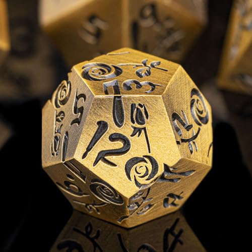 Gothic DND Dice Set Bleeding Rose Metal D and D Dice for use with Dungeons Dragons D&D Role Playing Game, Antique Gold RPG Blood Polyhedral Dice Set D20 D12 D10 D8 D6 D4 - color: Antique Gold