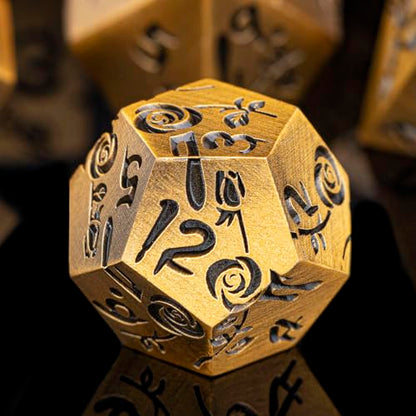 Gothic DND Dice Set Bleeding Rose Metal D and D Dice for use with Dungeons Dragons D&D Role Playing Game, Antique Gold RPG Blood Polyhedral Dice Set D20 D12 D10 D8 D6 D4 - color: Antique Gold