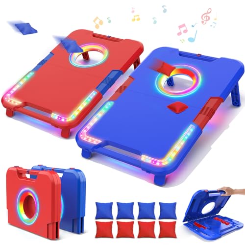 VATOS Portable Cornhole Board Set with LED Lights & Sound Effects, Scoring, Foldable - 2 Boards & 8 Bean Bags for Backyard, Camping, Tailgate Parties, Outdoor Cornhole Games for Kids and Adults Family | 2 Foldable Boards & 8 Bean Bags for Backyard, Campin