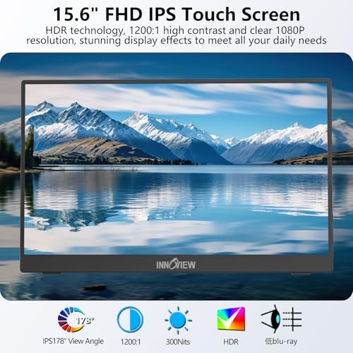 InnoView 15.6" Portable Monitor 60Hz Touchscreen 1080P 10-Point Touch Screen Monitor Portable with Protective Sleeve Built-in Stand, 1200:1 HDMI USB C Travel Monitors for Laptop, PC, Phone - size: 15.6-in