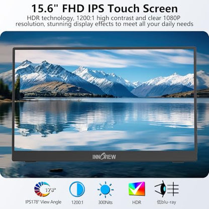 InnoView 15.6" Portable Monitor 60Hz Touchscreen 1080P 10-Point Touch Screen Monitor Portable with Protective Sleeve Built-in Stand, 1200:1 HDMI USB C Travel Monitors for Laptop, PC, Phone - size: 15.6-in