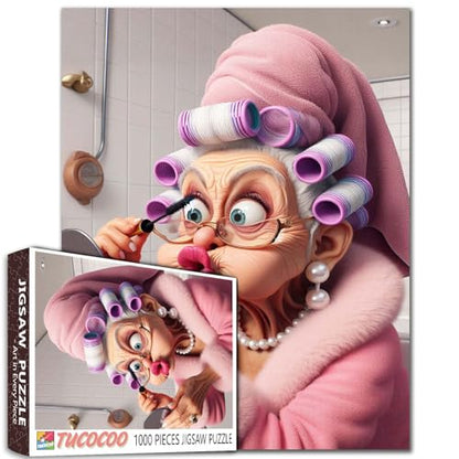 Old Grandma Makeup Jigsaw Puzzles 1000 Pieces for Adults Fashionable Old Woman Lady Loves Beauty Challenging Family Activity Games Challenging for Family or Friends Game 19.7 x 27.6 Inch - color: Old Woman-a14